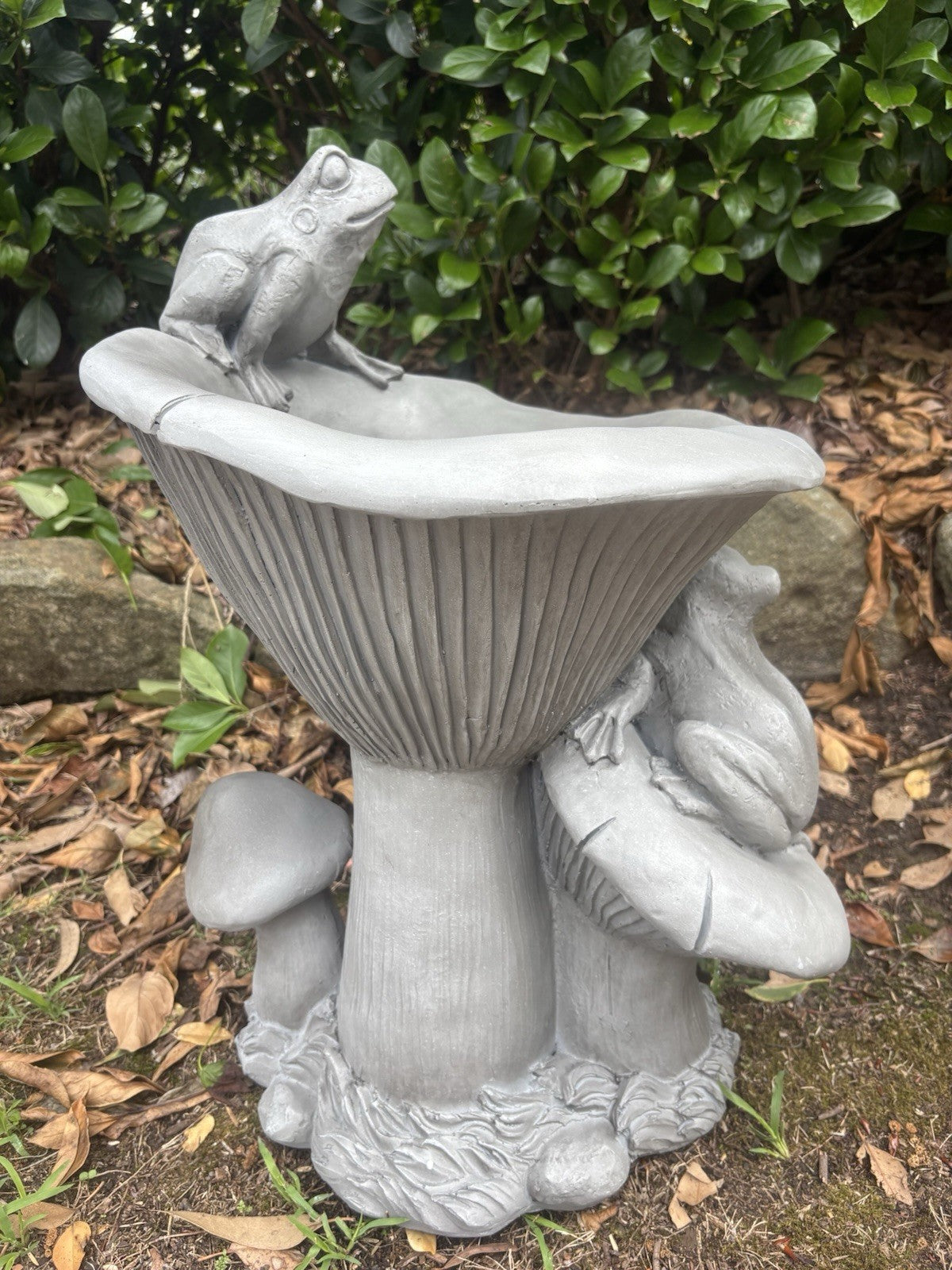 22nice4me Garden Statues grey resin frog bird bath with mushroom details in a garden setting