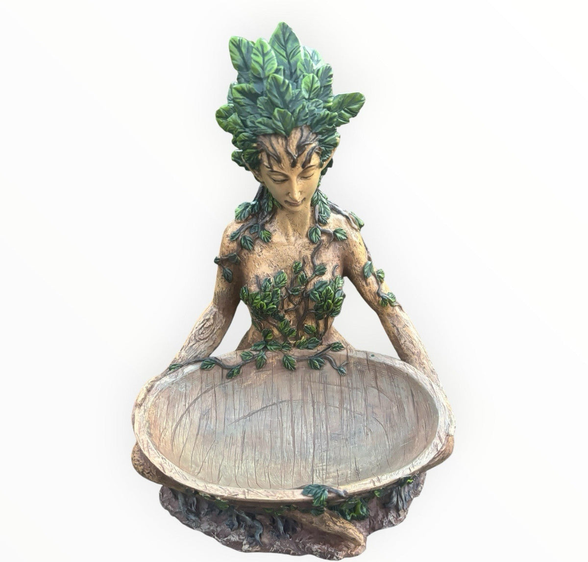 22nice4me Garden Statues resin Gaia goddess planter with green leaf foliage and rustic wood-textured bowl