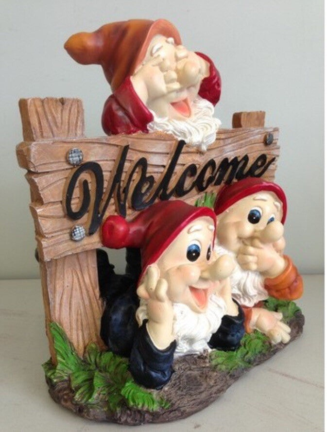 22nice4me Garden Statues resin gnome trio featuring hear, speak, and see no evil poses with a Welcome sign.