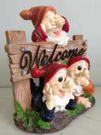 22nice4me Garden Statues resin gnome trio holding a Welcome sign with hear speak see no evil poses in hand-painted finish