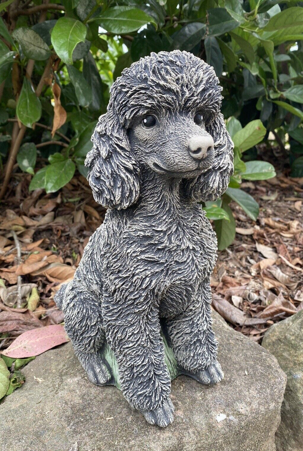 22nice4me Garden Statues grey concrete poodle dog ornament with detailed fur texture sitting in a garden setting
