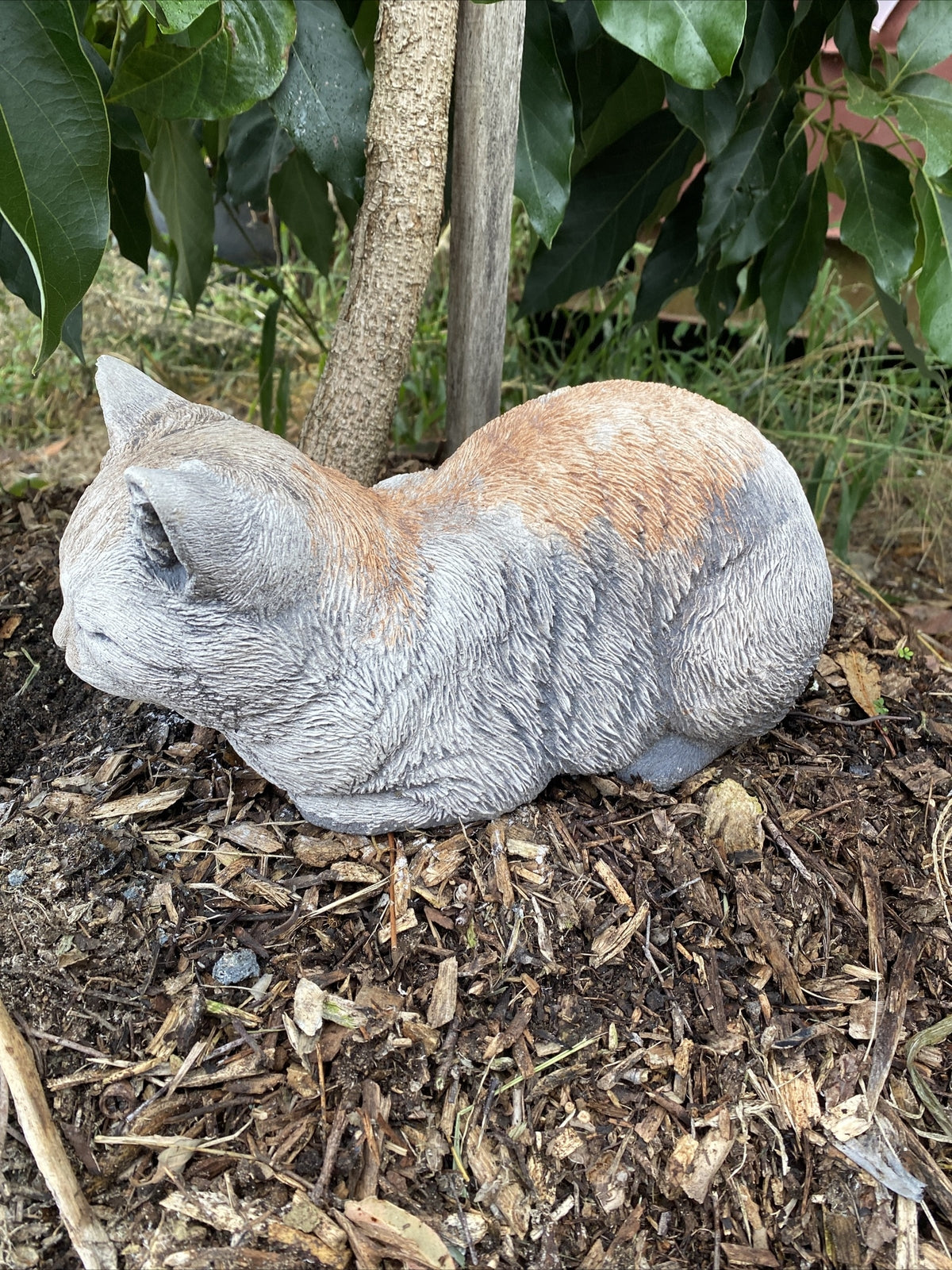 22nice4me Garden Statues grey concrete sleeping kitten statue with antique finish in a garden setting