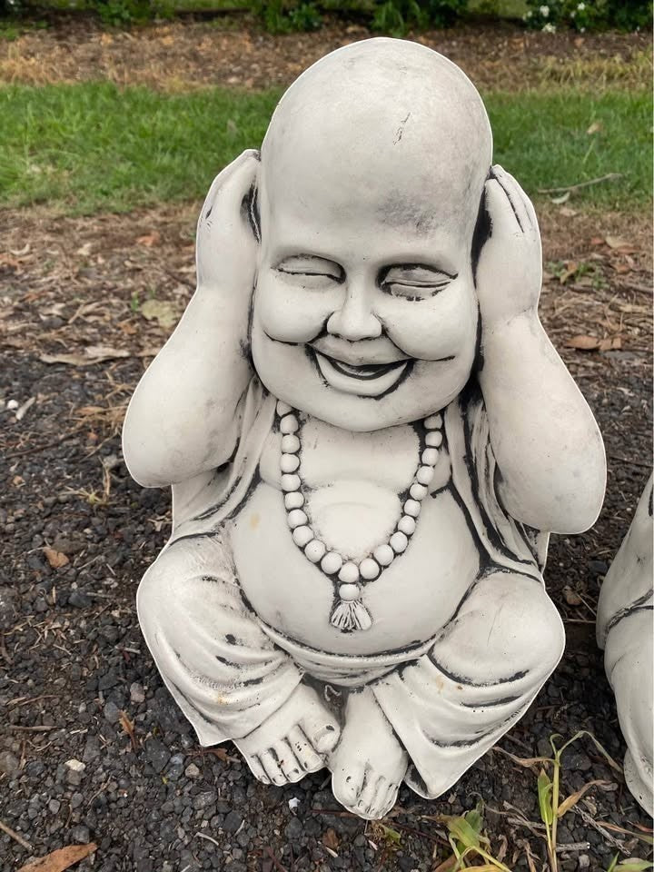 22nice4me Garden Statues hear no evil Buddha figure in durable grey concrete for outdoor Zen garden decor.