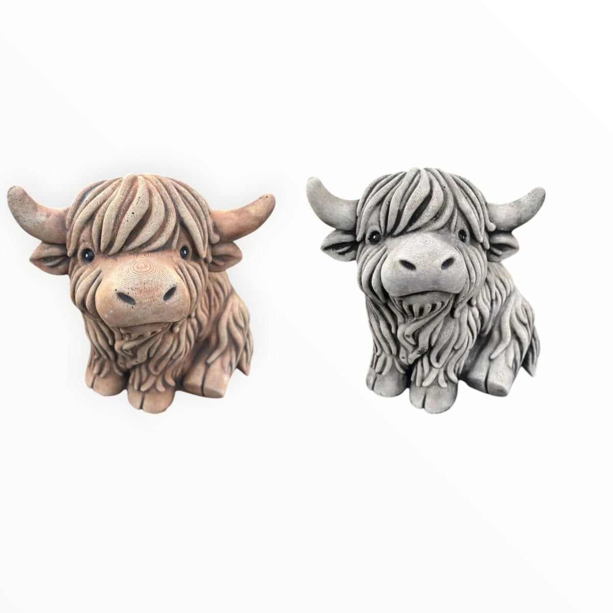 22nice4me Garden Statues concrete Highland cow ornaments in brown and grey with shaggy coats and curved horns