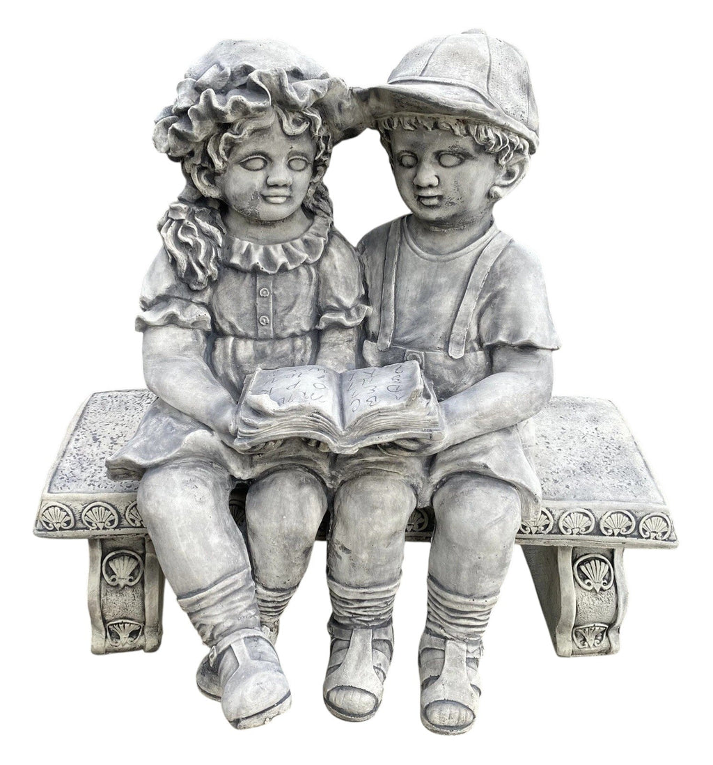 22nice4me Garden Statues concrete Jack and Jill children reading on a bench ornament with hand-painted details