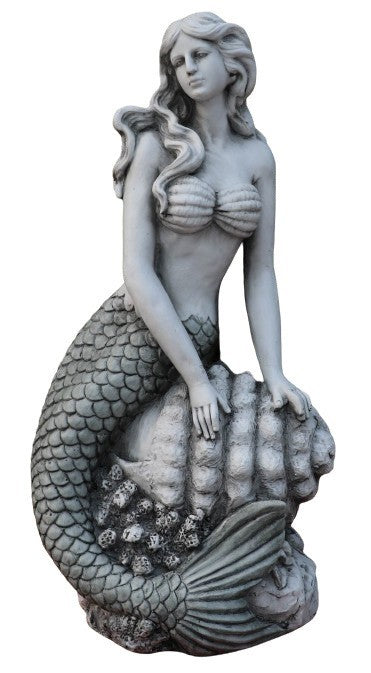 22nice4me Garden Statues mermaid sitting on a conch shell with a grey stone-look finish and intricate tail detail.