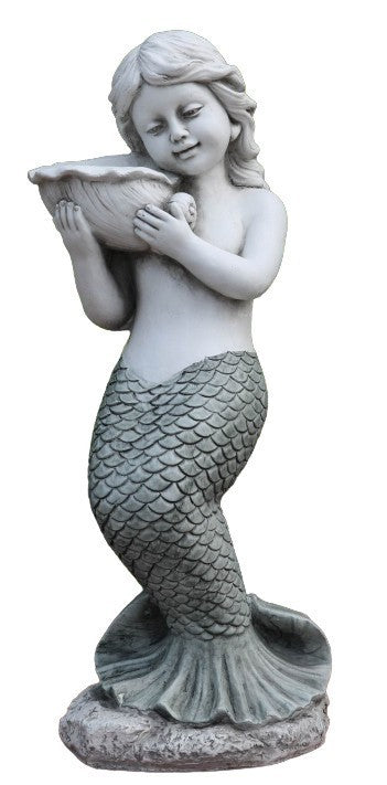 22nice4me Garden Statues mermaid holding a shell, 65cm tall grey fibreclay resin ornament with stone-look finish.