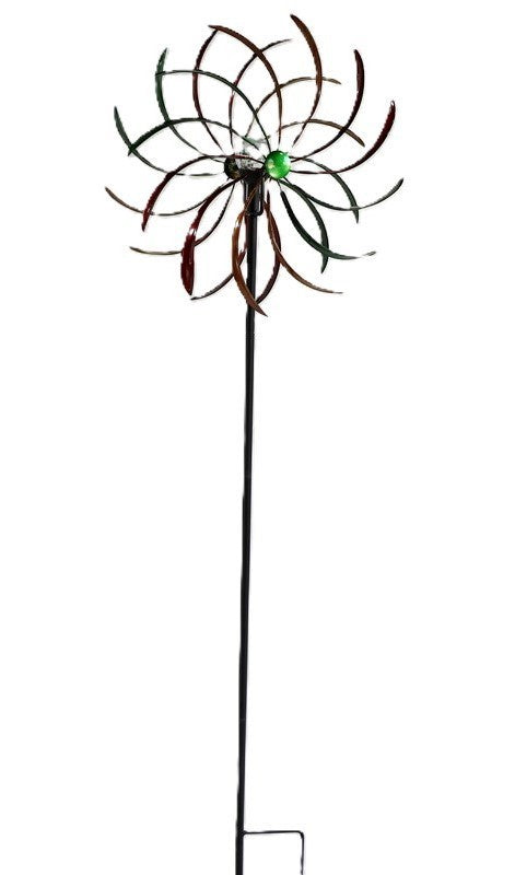 22nice4me Garden Statues metal pinwheel wind spinner with bronze, green, and reddish curved blades on a tall stake.