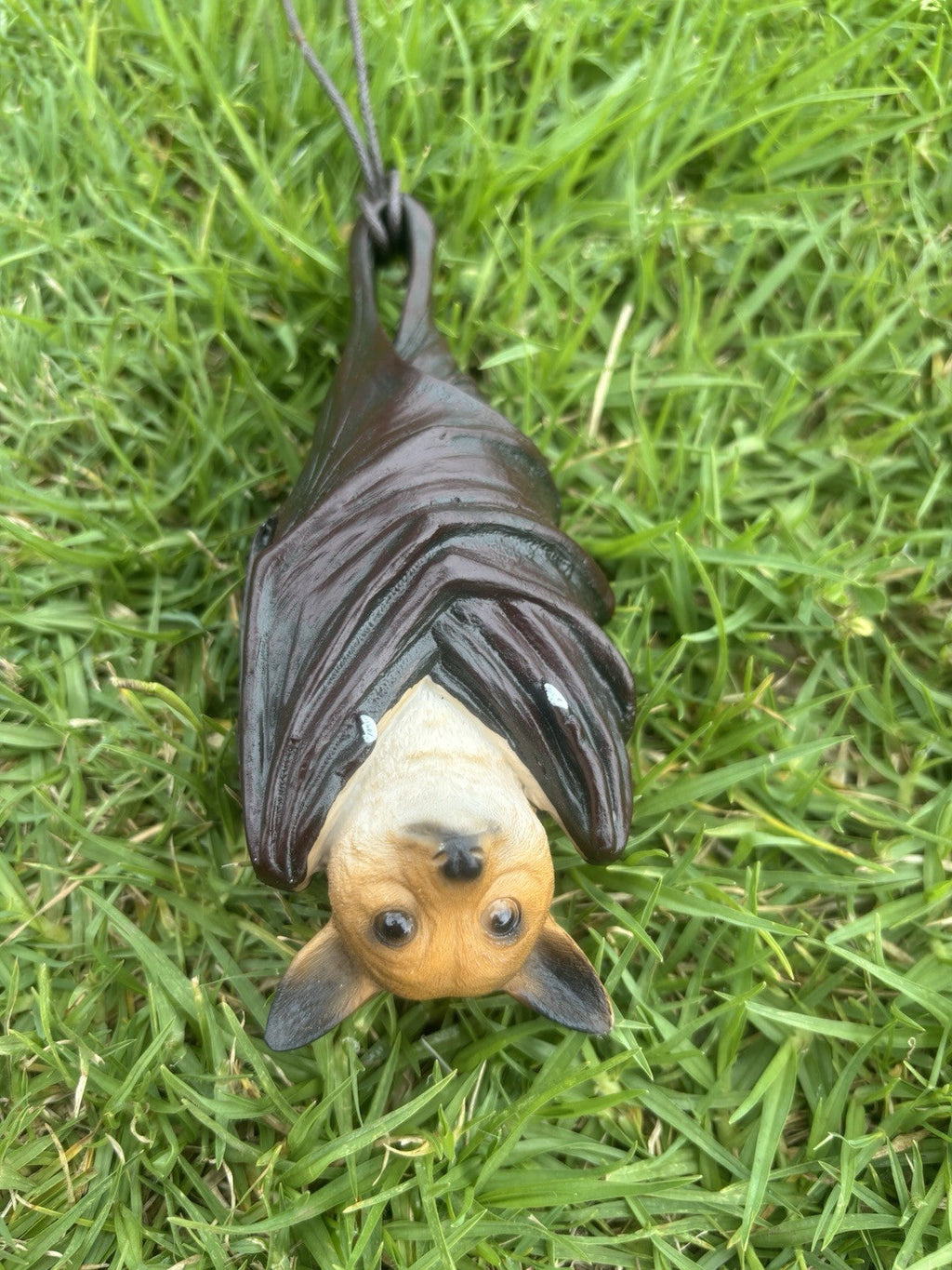 22nice4me Garden Statues resin hanging flying fox bat ornament with brown wings and detailed face on green grass