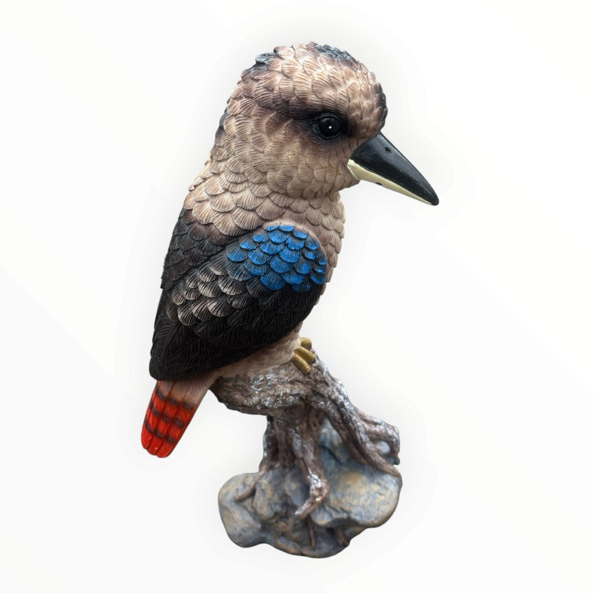 22nice4me Garden Statues resin kookaburra bird ornament with blue wing and red tail perched on a textured tree stump