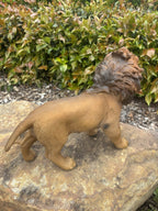 22nice4me Garden Statues resin lion ornament with textured mane, standing on a rock in a garden setting.