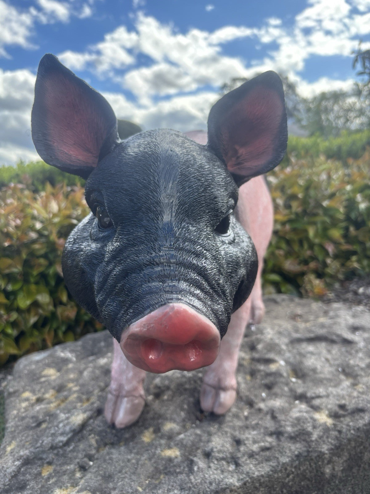22nice4me Garden Statues resin pig ornament with a black head and pink body, standing on a rock in a garden.