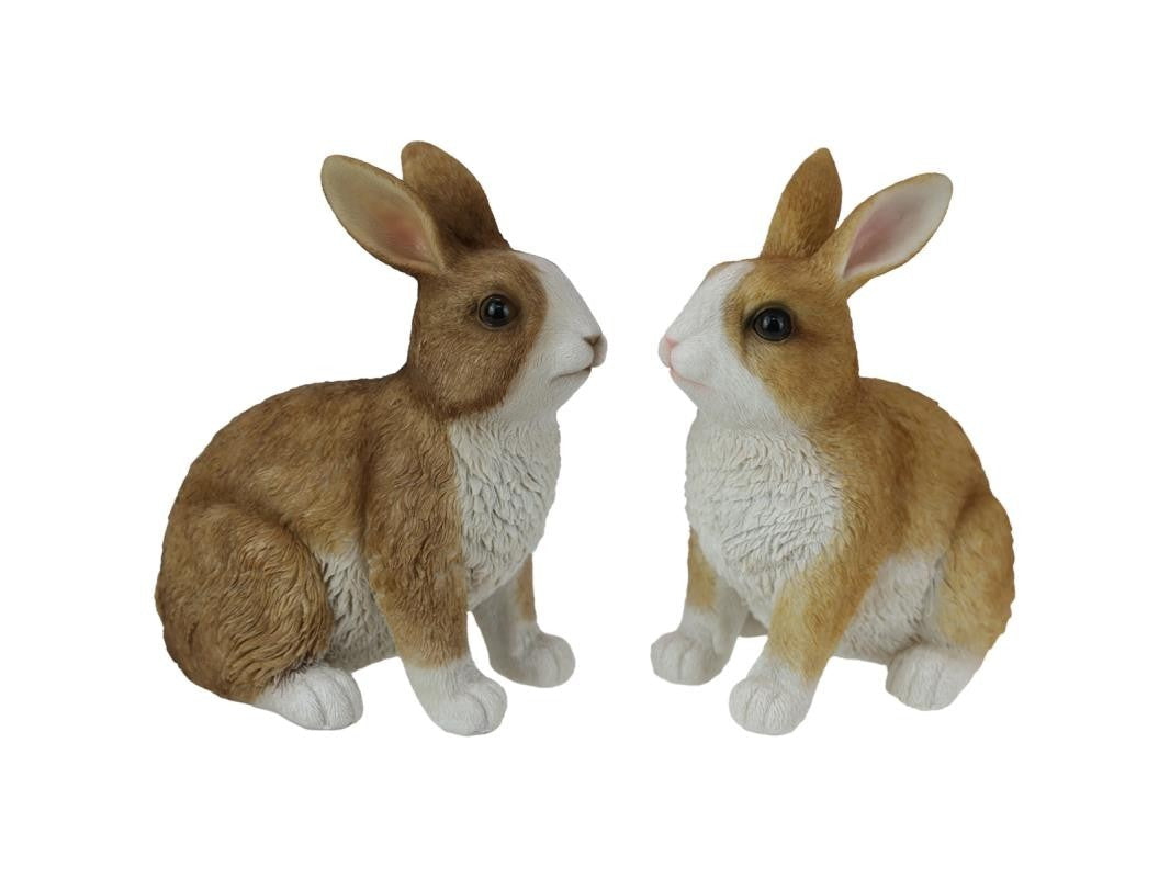 22nice4me Garden Statues set of two realistic brown and white resin sitting rabbit ornaments with detailed fur texture