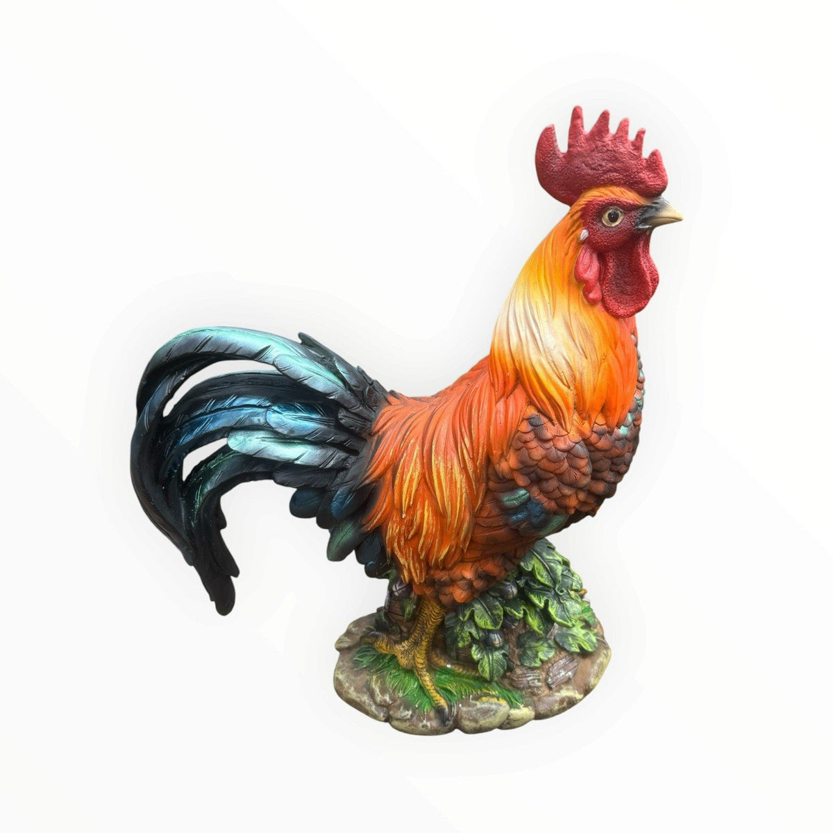 22nice4me Garden Statues resin rooster ornament with vibrant orange, red, and blue-black feathers on a textured base.