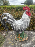 22nice4me Garden Statues resin rooster with white and silver feathers, red comb, and green foliage base in a garden.