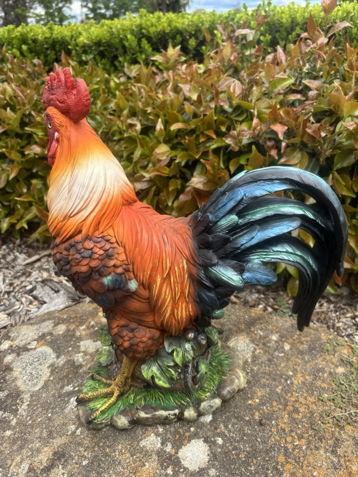 22nice4me Garden Statues resin rooster ornament with vibrant orange, red, and blue-black feathers on a natural base.