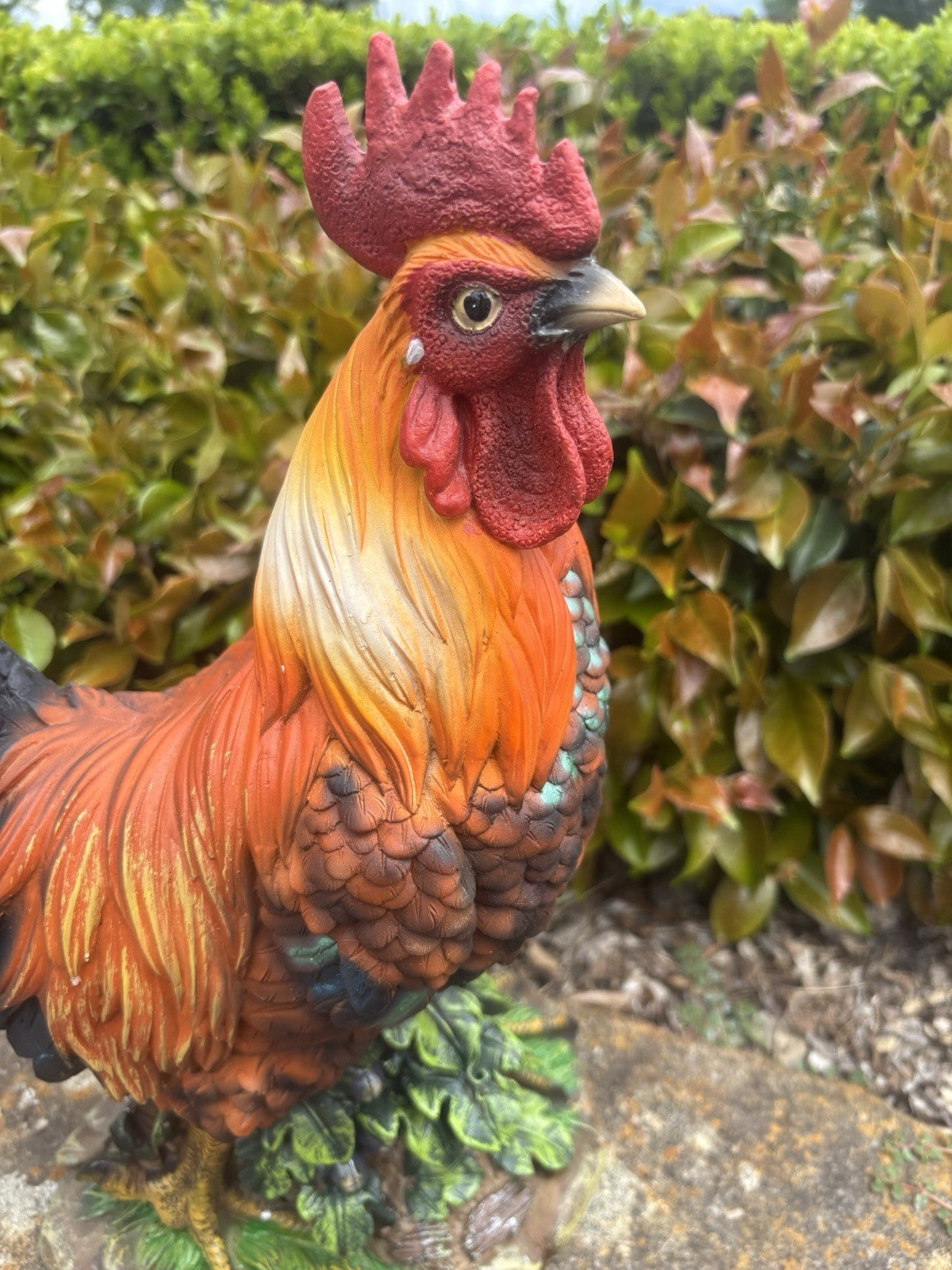 22nice4me Garden Statues resin rooster ornament with vibrant orange, red, and blue-black feathers in a garden setting.