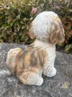 22nice4me Garden Statues white and tan resin Shih Tzu dog ornament showing detailed sculpted fur from a back view