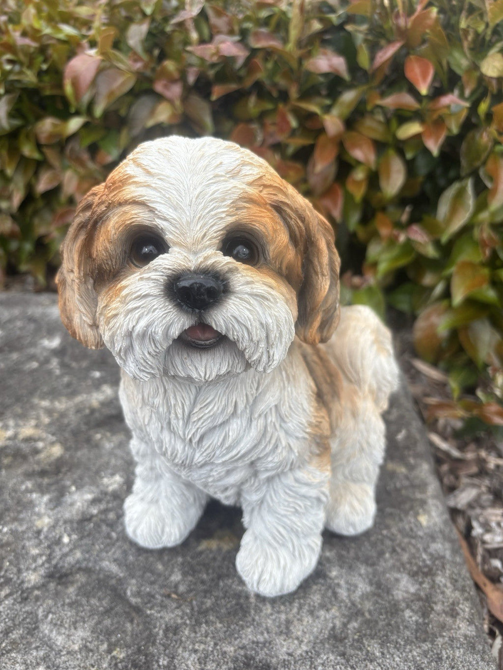 22nice4me Garden Statues white and tan resin Shih Tzu dog ornament with realistic fluffy fur and glossy eyes