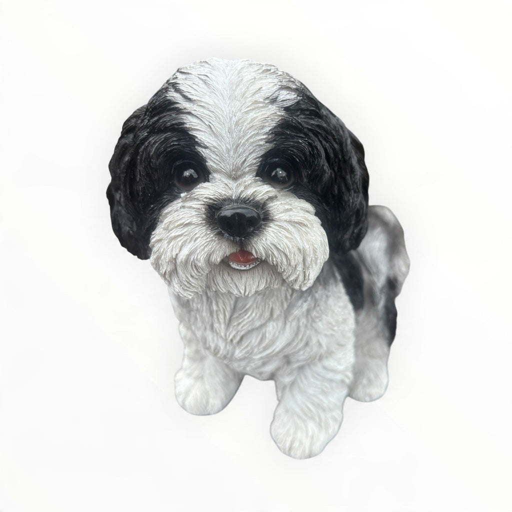 22nice4me Garden Statues resin Shih Tzu dog ornament with realistic black and white fluffy fur and glossy eyes