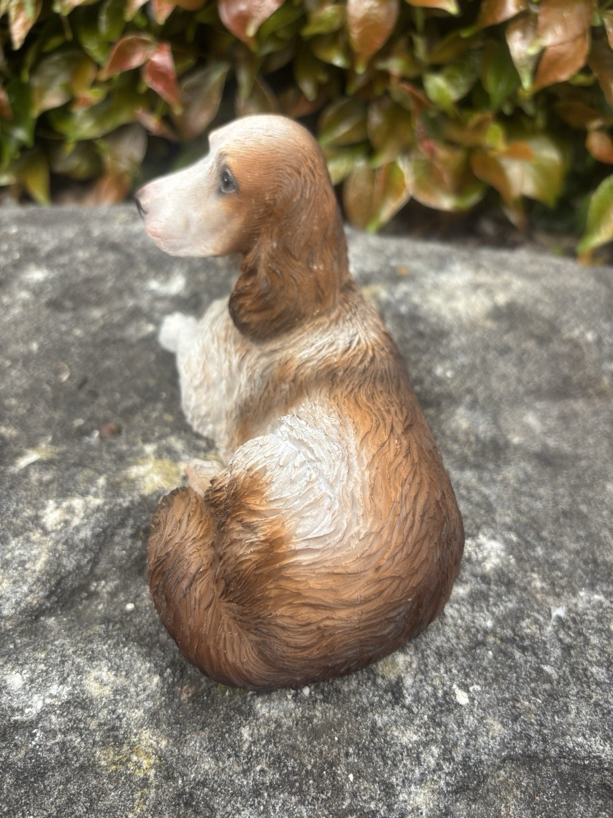 22nice4me Garden Statues resin Springer Spaniel dog ornament in brown and white with textured fur, side view.