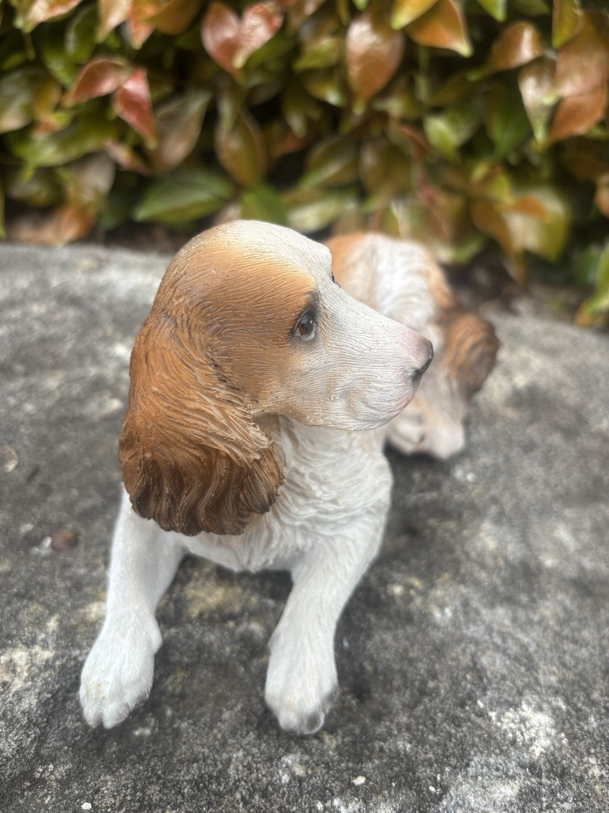 22nice4me Garden Statues resin Springer Spaniel dog ornament in brown and white lying on a stone surface