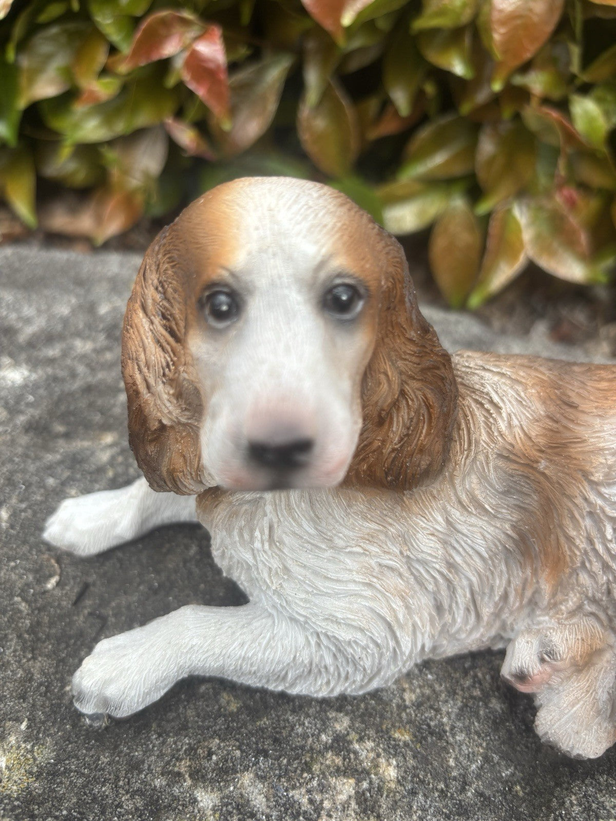 22nice4me Garden Statues resin Springer Spaniel dog ornament in brown and white with textured fur in a lying pose
