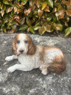 22nice4me Garden Statues resin Springer Spaniel dog ornament in brown and white, lying down on a stone surface.
