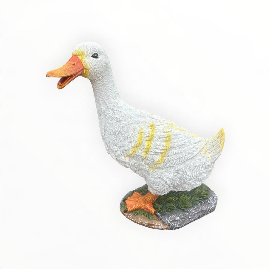 22nice4me Garden Statues white resin duck ornament with orange beak, feet, and yellow feather detailing on a base.