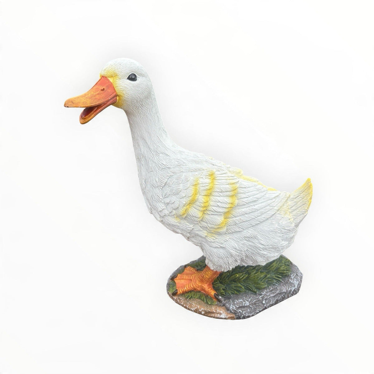 22nice4me Garden Statues white resin duck ornament with orange beak, feet, and yellow feather detailing on a base.