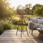 22nice4me Garden Statues rustic metal Southern Cross windmill garden sculpture standing on a wooden deck at sunset