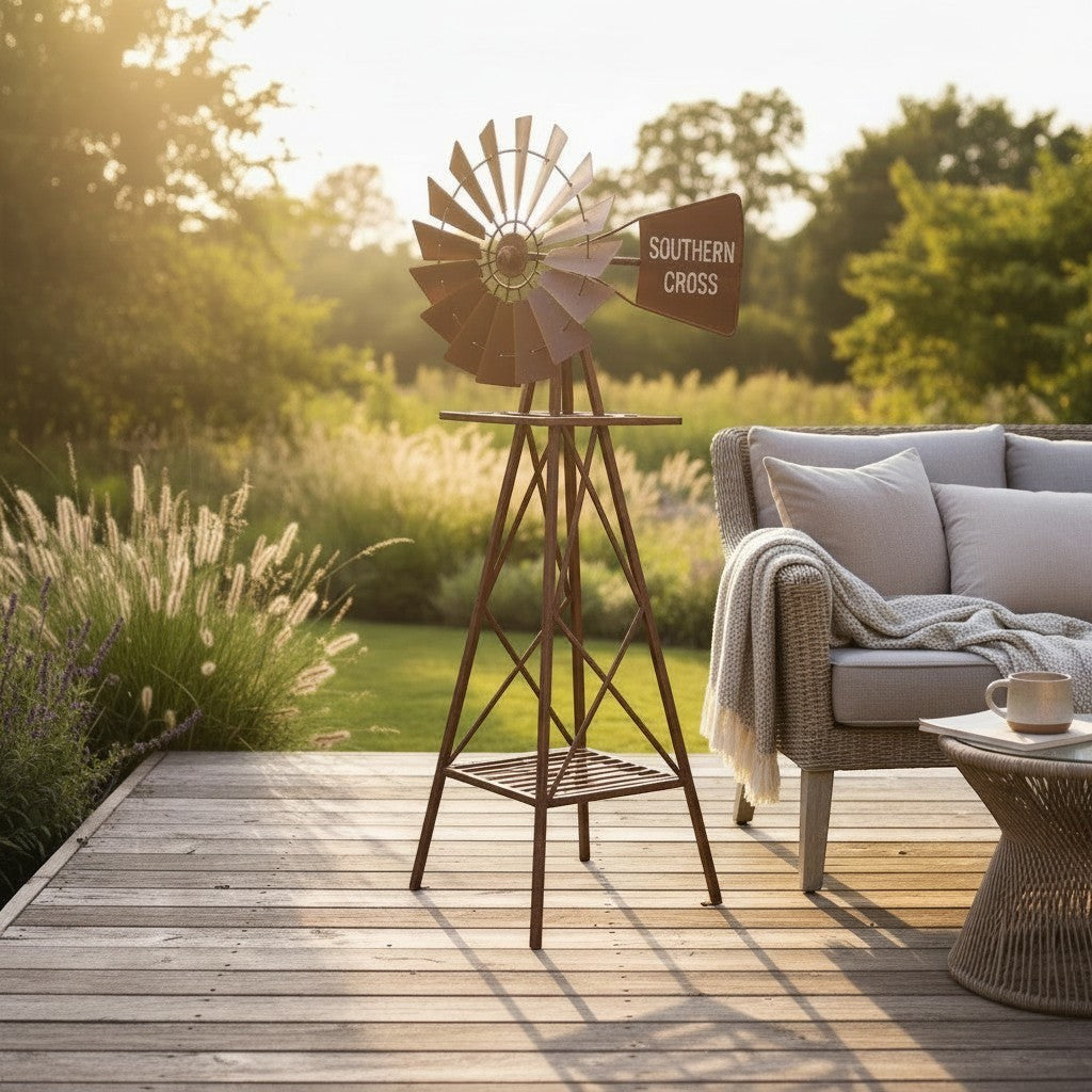 22nice4me Garden Statues rustic metal Southern Cross windmill garden sculpture standing on a wooden deck at sunset