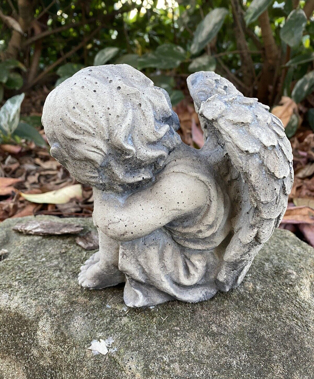 22nice4me Garden Statues sleeping boy angel memorial ornament made of grey concrete with a matte finish