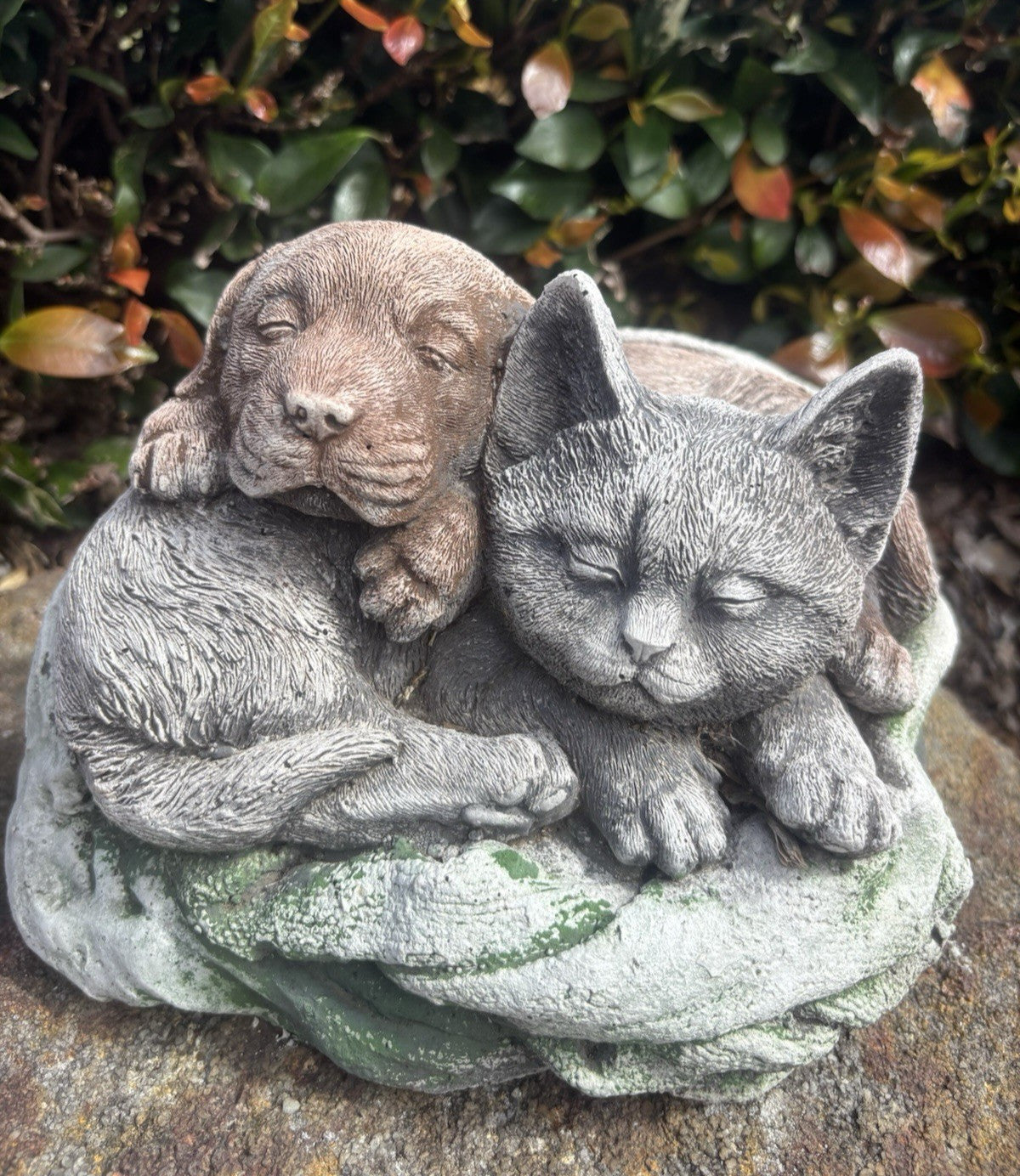 22nice4me Garden Statues concrete sleeping puppy and kitten ornament with detailed fur in a grey and brown finish