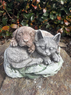 22nice4me Garden Statues concrete sleeping puppy and kitten ornament with detailed fur in grey and brown tones