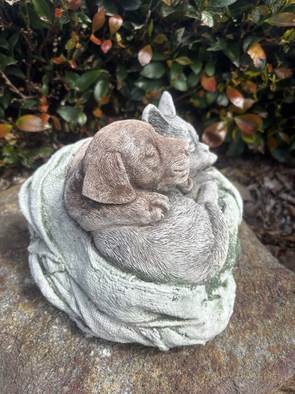 22nice4me Garden Statues concrete sleeping puppy and kitten ornament with detailed fur in a grey and brown finish