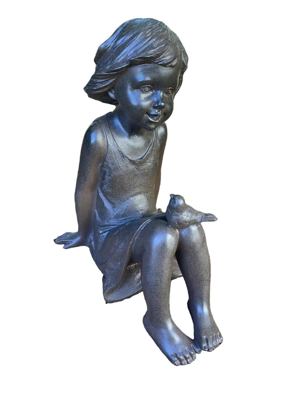 GIRL WITH BIRD ON HER KNEE GARDEN STATUE ORNAMENT FIGURINE