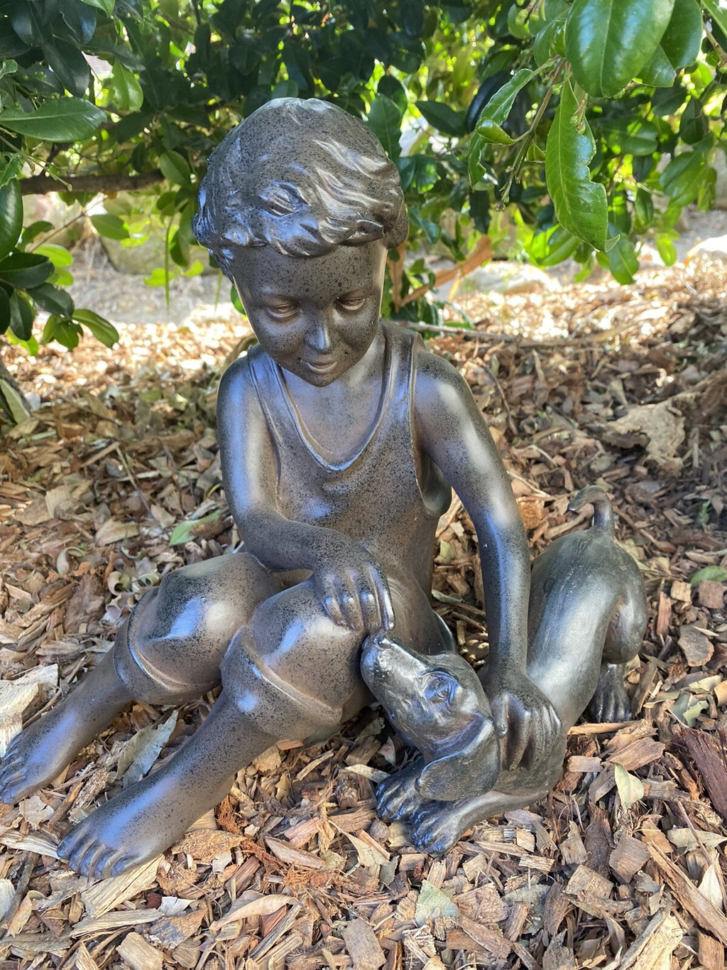 BOY SITTING WITH HIS PLAYFUL DOG  PUPPY GARDEN STATUE ORNAMENT FIGURINE