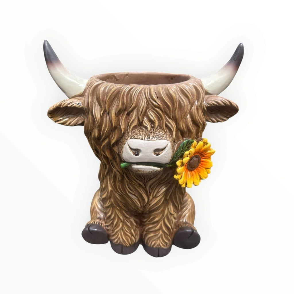 Highland Cow Resin Pot Planter Garden Ornament Sunflower Rustic Farmhouse Décor