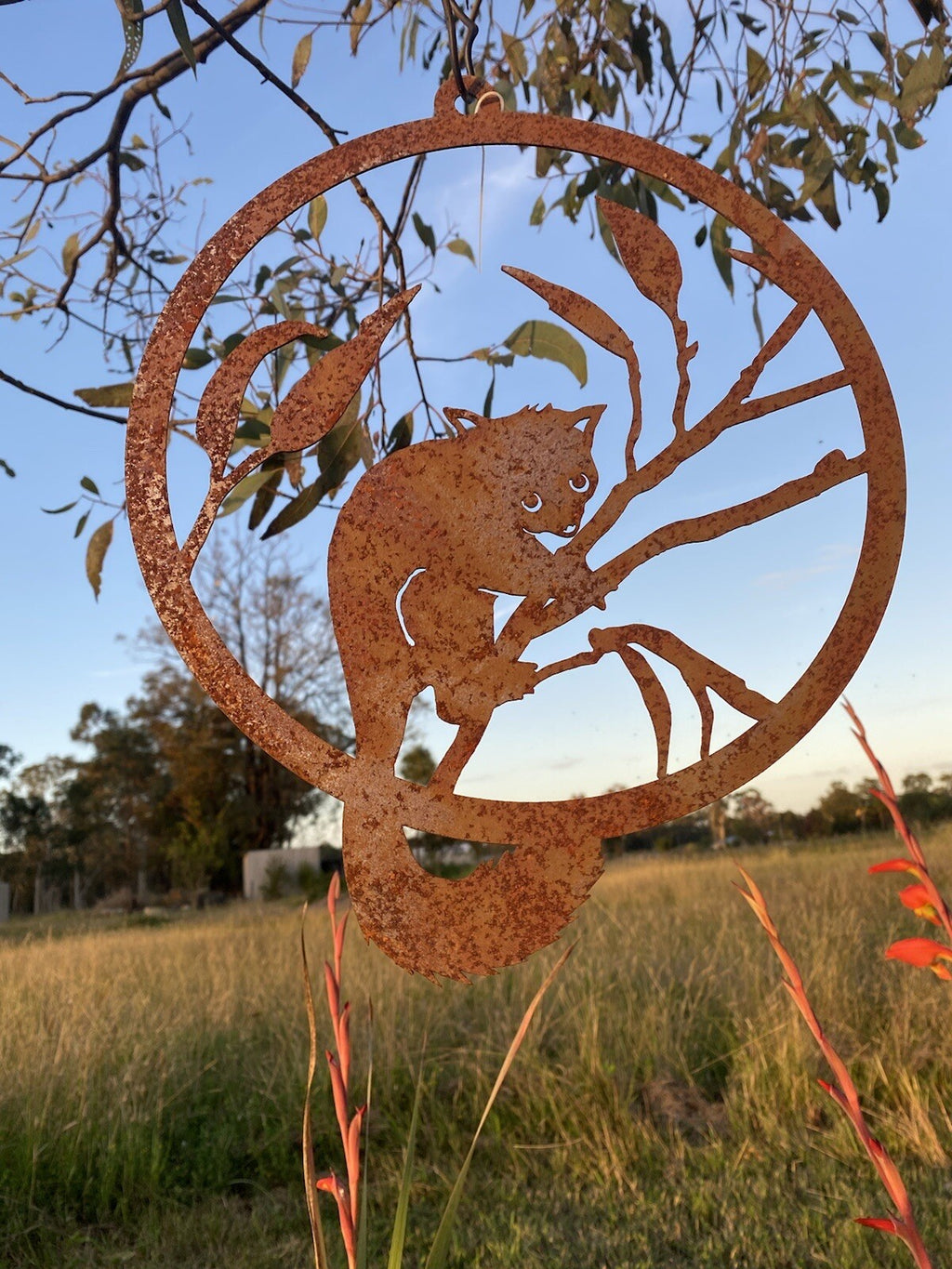 Possum Round Rust Corten Steel Metal Garden Wall Art Hanging Ring Home 28cm D