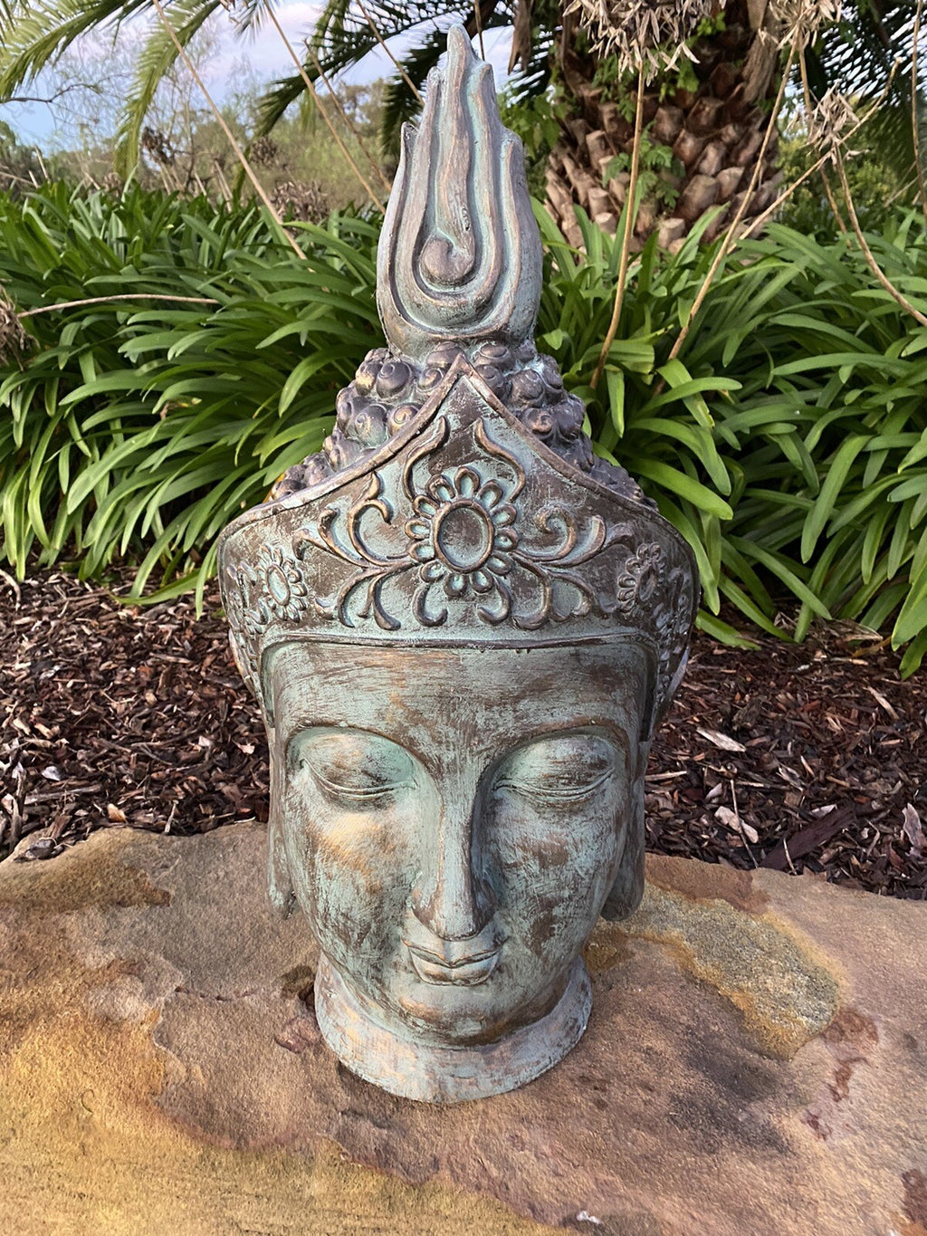 Antiqued Angkok Buddha Head Statue Garden Ornament Sculpture 77cm