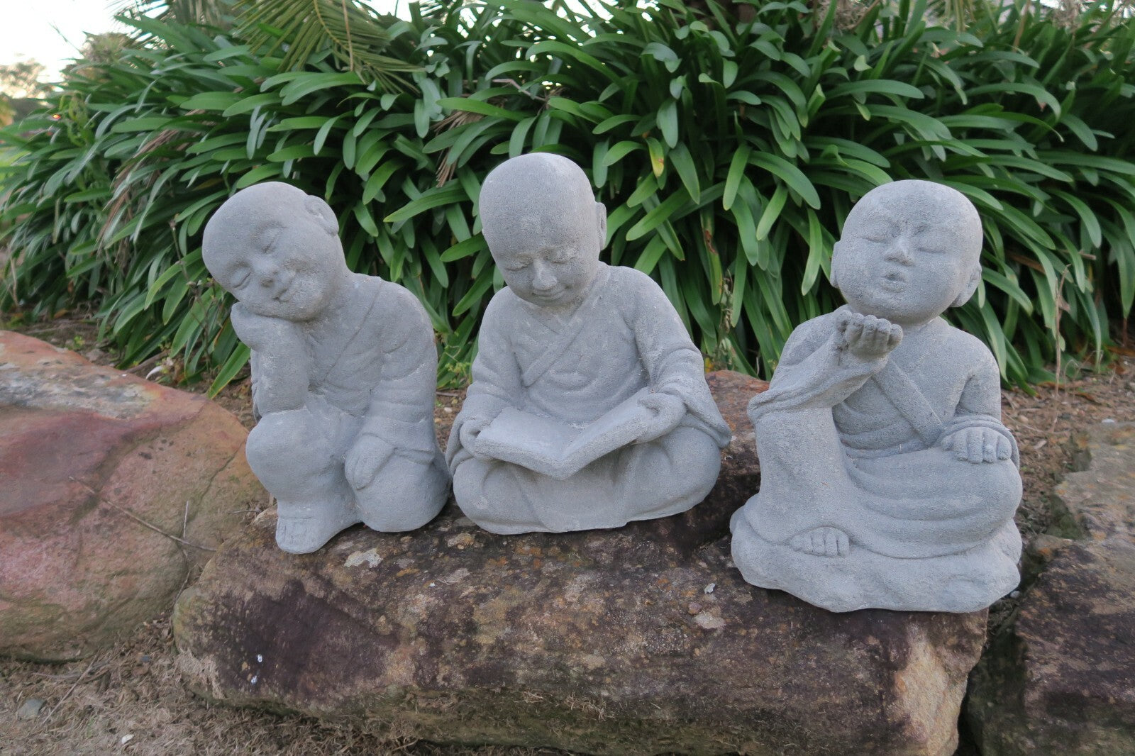 Monk Statue Buddha Shaolin Concrete Garden Ornament 42CM High Grey Set of 3