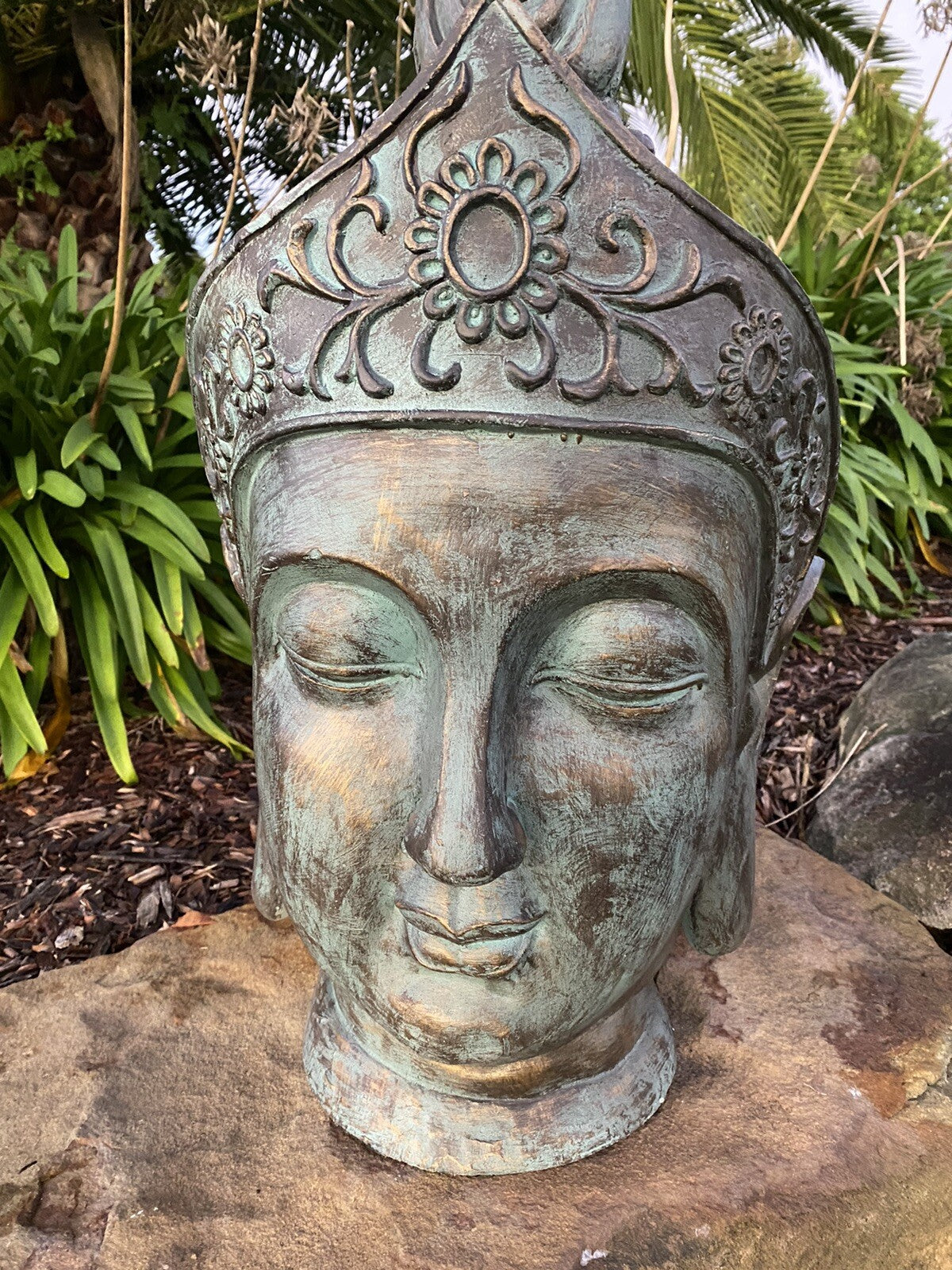 Antiqued Angkok Buddha Head Statue Garden Ornament Sculpture 77cm