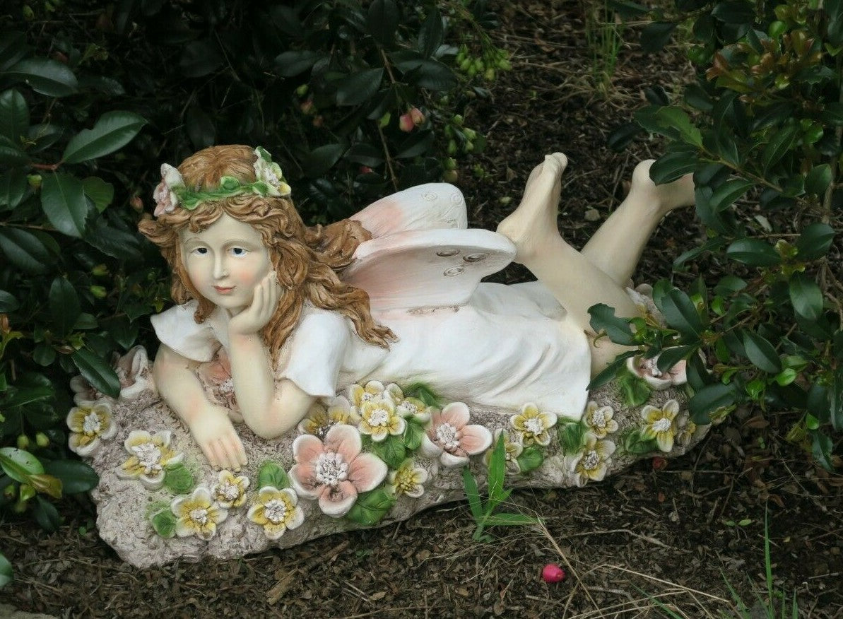 Fairy Fairies Statue Laying In A Bed Of Coloured Flowers Garden Ornament 52cm