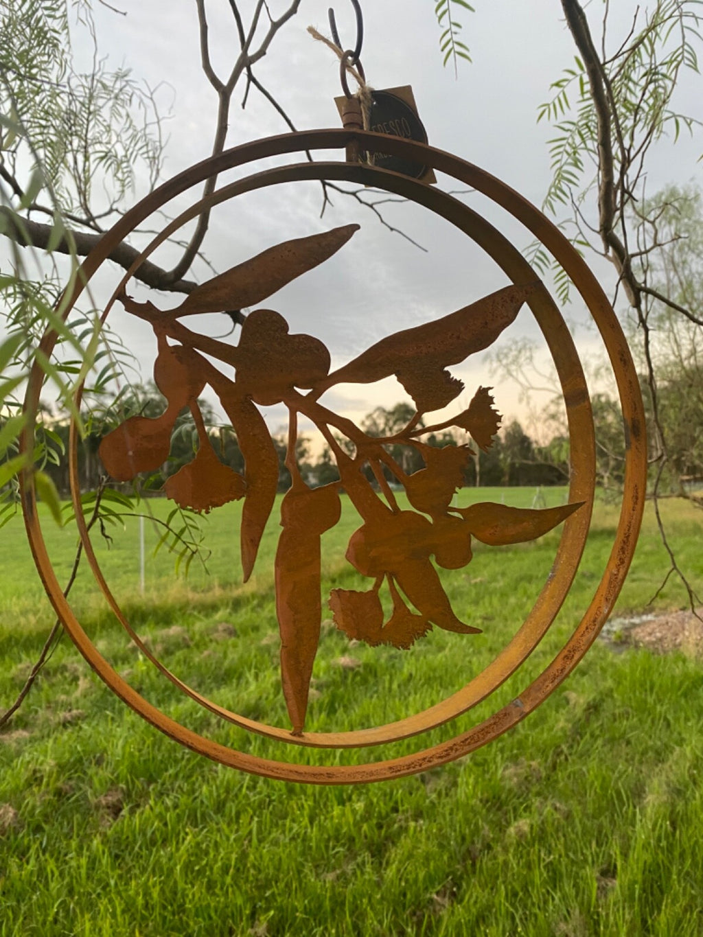 Gum Tree Branch Flowers Round Rust Corten Steel Metal Hanging Double Ring 34 cm
