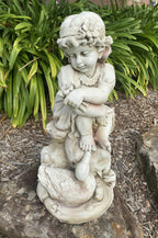 Girl Sitting with A Duck Garden Statue Figurine Ornament Children Antique White