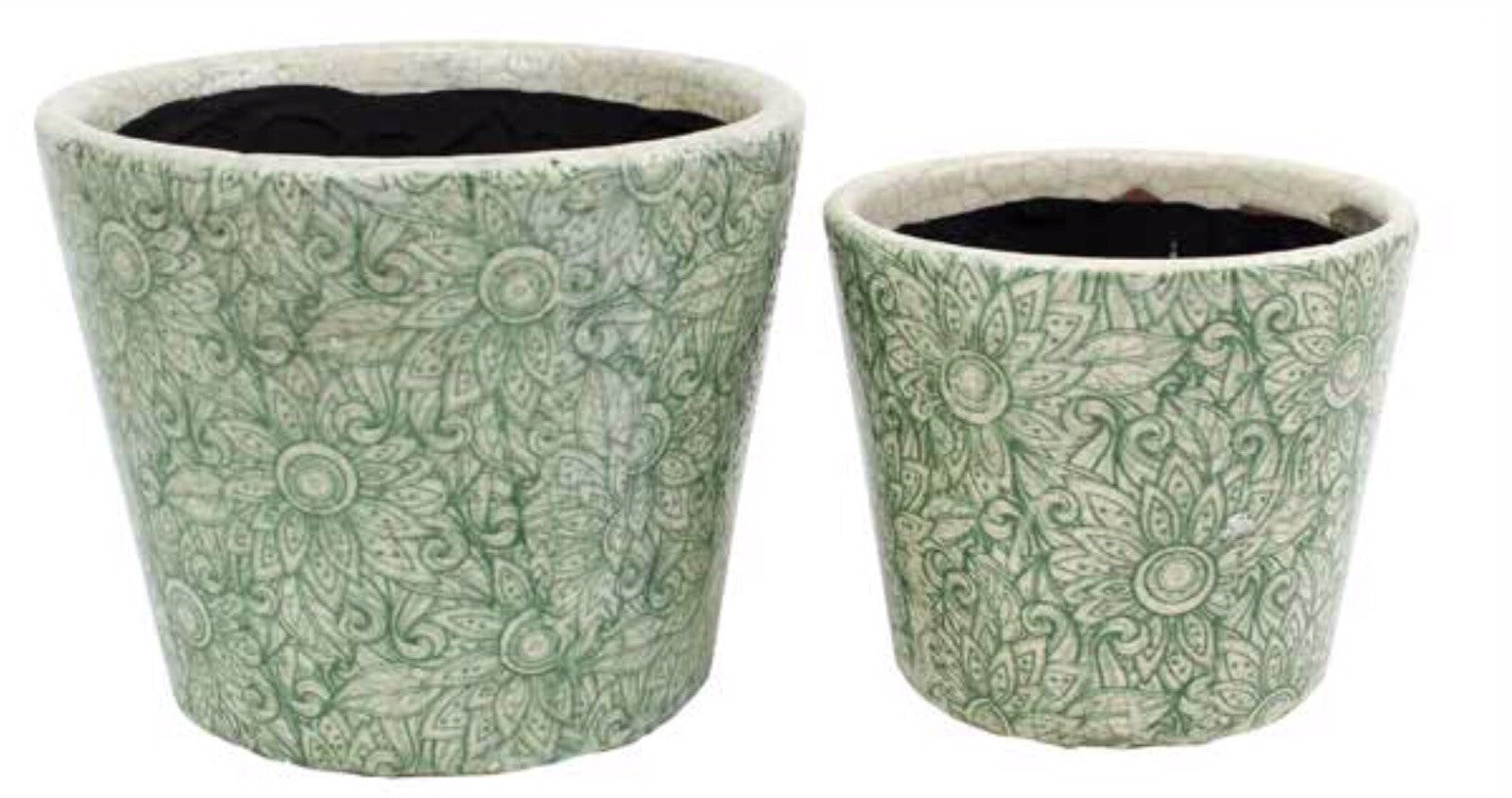 Rustic Floral Print Ceramic Pots Pot Set of 2 Round Indoor Plant Succulent Green