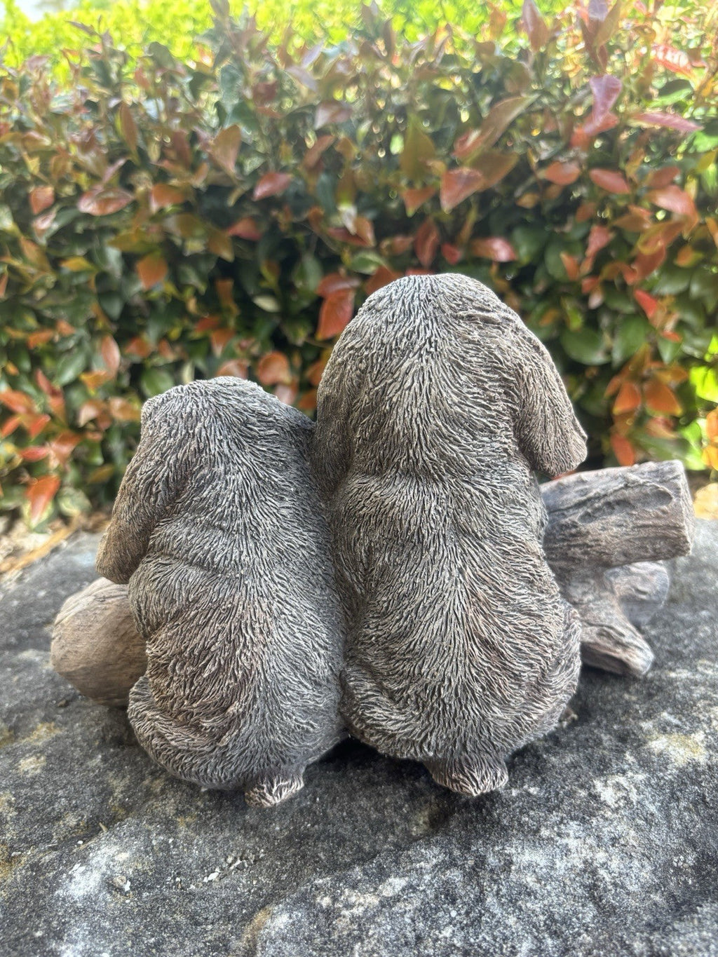 22nice4me Garden Statues concrete Mini Lop rabbit ornament featuring two rabbits sitting together on a log