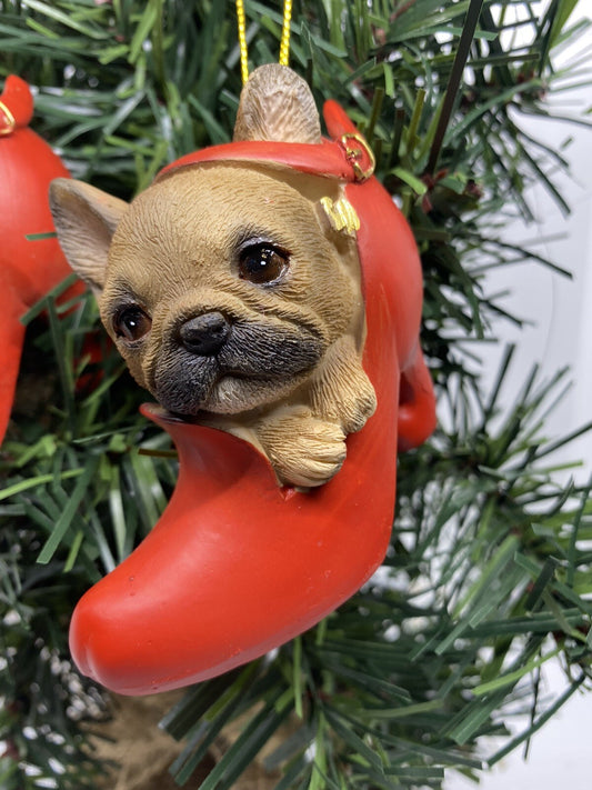 2 x French Frenchie Bulldog  Dog Puppy Christmas Xmas Tree Decoration Statue