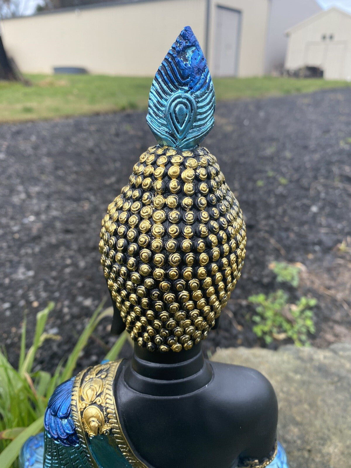 Meditating Thai Buddha In a Blue Peacock Statue Ornament Figurine Home Decor